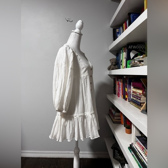 Free People Puff Sleeve Cute Button Front Tunic Mini Dress white Sz small - Picture 9 of 12